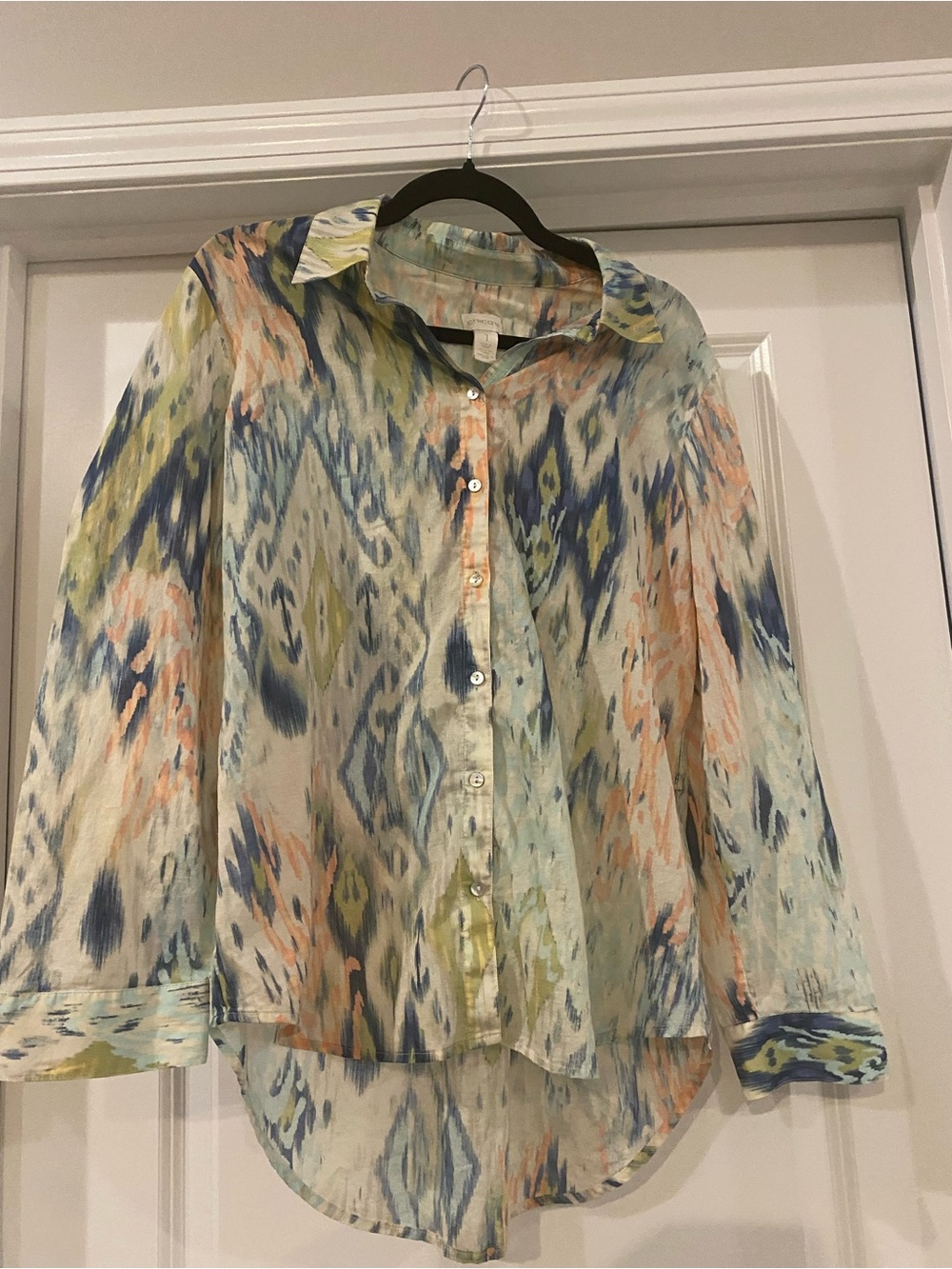 Chicos Lightweight Print Button-Up Blouse - Pastel Blue, Green & Peach